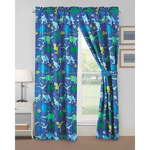 WPM WORLD PRODUCTS MART Blue Green Dinosaur Print Curtain for Boys Girls Bedroom 4 Piece Blue Jungle Theme Curtain for Kids Bedroom Set with Panel and tiebacks Design (Blue Dinosaur)