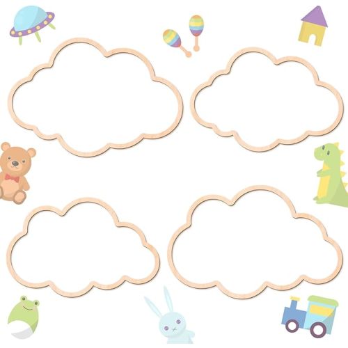 4 Pieces Boho Nursery Cloud Star Wall Decor Wooden Babyroom Moon Rattan Wall Decor Wooden Rainbow for Children Baby Kids Boys Girls Bedroom Nursery Pendant(Cloud)