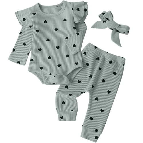Caqnni Baby Girls Clothes Baby Girls Outfit Long Sleeve Ruffle Romper Floral Pants Headband Sets 0-18 Months for Girls 6 9 12 18 24 Months0-3 MonthsLight Blue