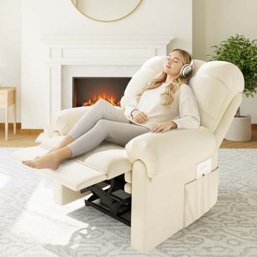 Domusensus Power Recliner Chair with USB Port, Adjustable Electric Recliner with Tool-Free Assembly, Teddy Fleece, Heat Insulation & Side Pockets, Beige White