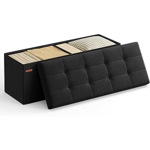 SONGMICS MAZIE Collection - 43 Inches Folding Storage Ottoman Bench, Ottoman Foot Rest, End of Bed Bench, Storage Chest, Load 660 lb, for Living Room, Bedroom, Entryway, Ink Black ULSF077B01