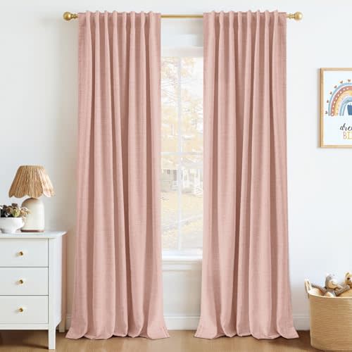 INOVADAY 100% Blackout Curtains 84 Inches Length 2 Panels Set, Back Tab/Rod Pocket Linen Black Out Curtains for Bedroom, Thermal Insulated Window Drapes - Blush Pink, W50 X L84