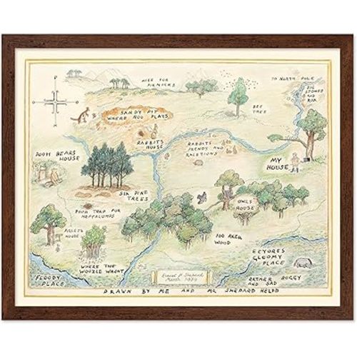 Monem Art Vintage Illustration Poster - Retro Landscape Print - Gift for Baby, Kid - 100 Acre Wood Map, Bear, Pig, Animal, Famous Cartoon - Wall Decor for Bedroom Nursery, 8x10 Brown Framed