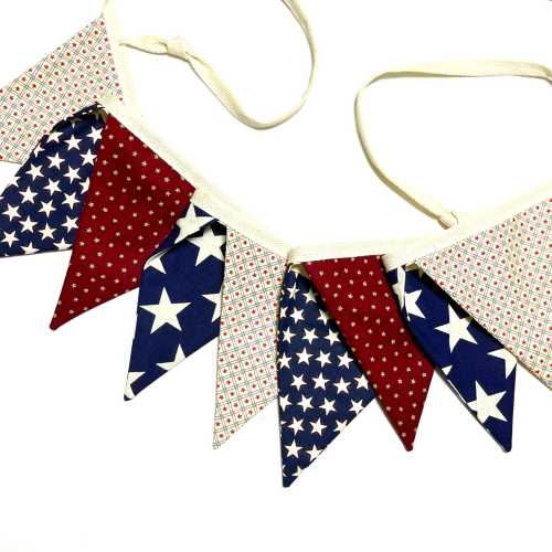 Rustic 4th of July pennant bunting, Vintage fabric banner decor, 4th of July, Red White Blue, Primitive Stars, 9 double sided flags