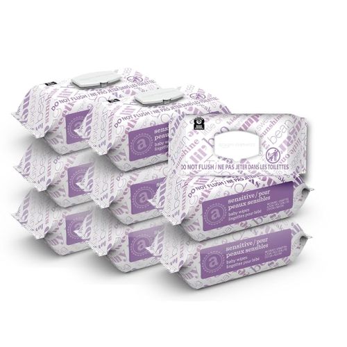 Amazon Elements Baby Wipes, Sensitive, Unscented, Cleans Gently, 810 Count, Flip-Top Packs, Pack of 9
