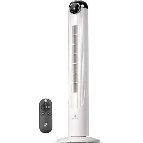 Antarctic Star T42 Tower Fan-42 Inch, Bladeless Oscillating Fan with Remote, 6 Speeds & 4 Modes, LED Display, 9H Timer, Quiet Floor Standing Fan for Bedroom Living Room Office, White