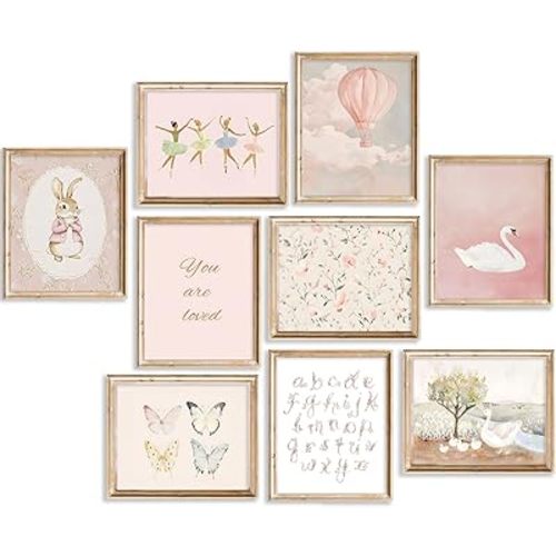 Vintage Pink Nursery Wall Art Baby Girl Canvas Wall Decor Toddler Girls Prints Butterfly Floral Swan Bunny Ballet Pictures Hot Air Balloons Alphabets Poster for Kids Room Bedroom 8x10x9 In Unframed