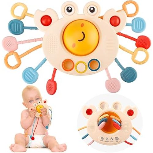 Baby Montessori Sensory Toy for Babies, Silicone Pull String Teething Toy, Baby Toys for 6-12-18 Months Newborn Boys and Girls (Orange)