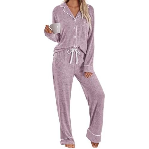 LILLUSORY Women's Long Sleeve Pajama Set - Soft Button-Down Top & Comfortable Drawstring Pants with Pockets