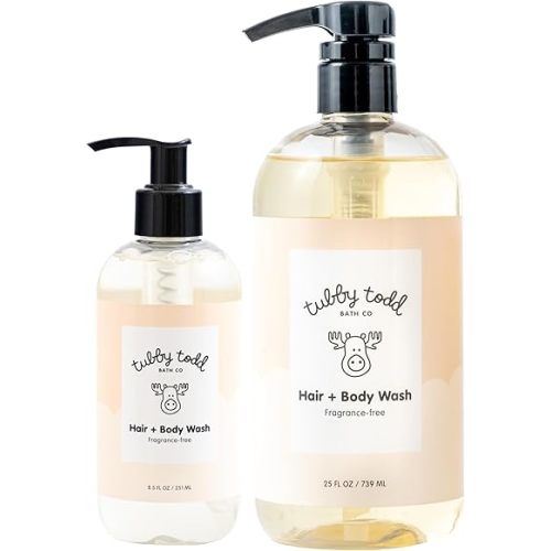 TUBBY TODD Hair + Body Wash - Baby Shampoo and Body Wash - Gentle, Natural Baby Wash for Newborns, Babies, and Toddlers - Non-Toxic and Hypoallergenic - Fragrance-Free, 2 Pack, 8.5oz & 25oz