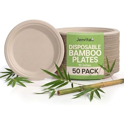 Bamboo Paper Eco Disposable Plates (50-Pack, 10-inch) | Sturdy & Microwave Safe | Heavy Duty Eco Friendly Small Plates | PFAS Free, Biodegradable | FSC Certified Alternative to Plastic