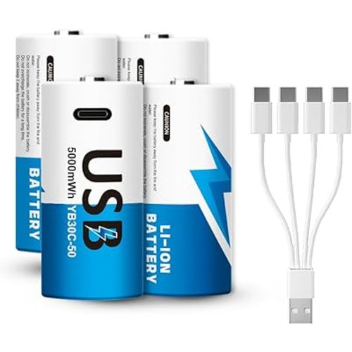 Rechargeable C Batteries 4 Pack, 5000mWh 1.5V Lithium C Cell Batteries with USB-C 4-in-1 Charging Cable, 1500+ Cycles, LR14 Long-Lasting Batteries for Flashlights, Toys, Radios