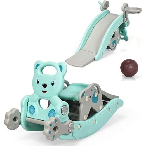 Costzon 5 in 1 Toddler Slide Rocking Toy, Slide for Kids with Detachable Stool, Basketball Hoop and Ring Game, Foldable Climber Playground Slide for Both Indoors Outdoor Use (Green Bear)