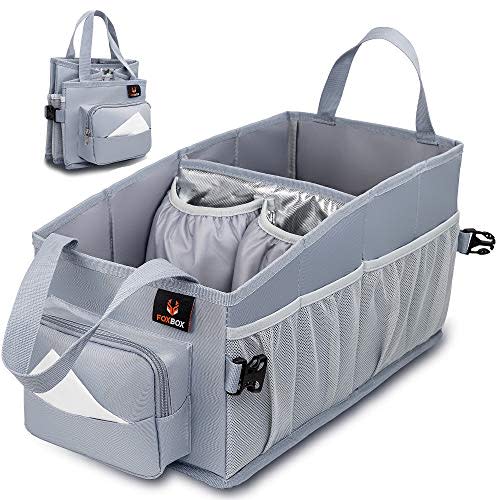 Easy-to-Reach Kids Car Organizer with Tissue Box and Cup Holder for Back Seat, Front Seat, Between Seats, Floor - Tote Car Storage Organization for Toddlers - Kids Road Trip Travel Essentials (Grey)
