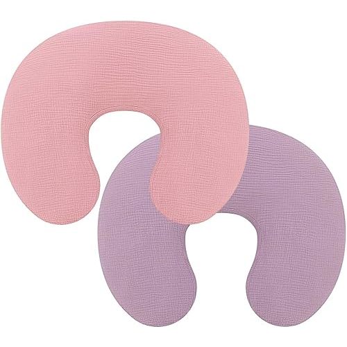 Pro Goleem Muslin Nursing Pillow Cover, 100% Cotton Soft Breathable Feeding Pillow Slipcover for Breastfeeding Moms, Fits Standard Infant Nursing Pillow, for Boys and Girls, 2 Pack (Pink＆Purple)