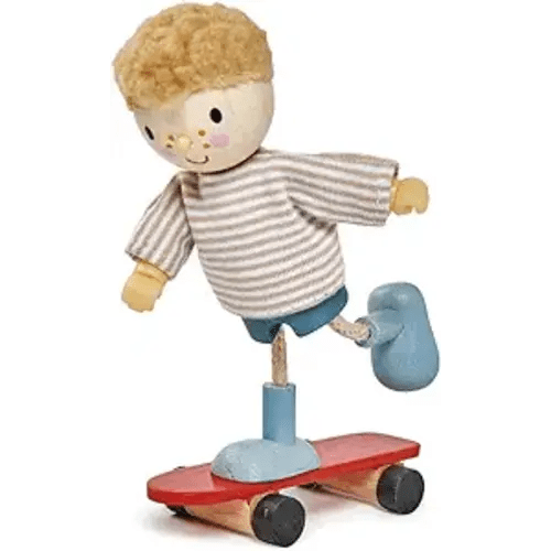 Tender Leaf Toys - The Goodwood Family - Wooden Miniatures Flexible Doll, Multicultural Action Figure for Dollhouse - Encourage Creative and Imaginative Fun Play for Children - Age 3+ - Edward and His Skateboard