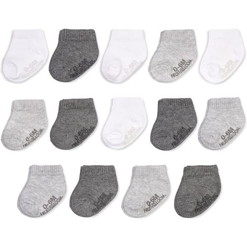 Fruit of the Loom Baby 14-Pack Grow & Fit Flex Zones Cotton Stretch Socks - Unisex, Girls, Boys - 2-4T - Low Cut - Grey