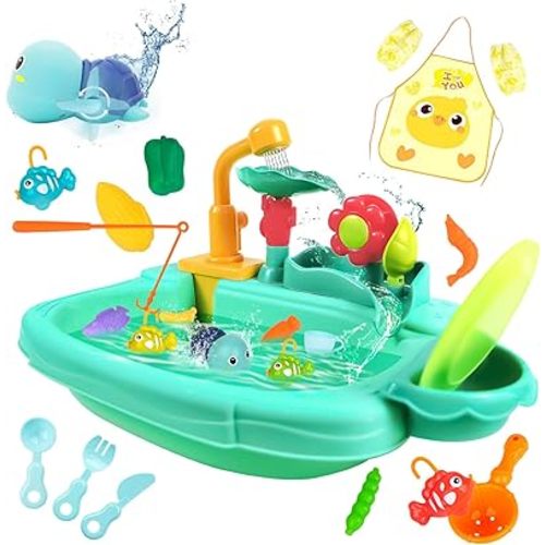 Kids Play Sink with Running Water, Mini Water Table, Water Toys, Upgraded Faucet and Play Dishes, Children Electric Dishwasher Playing Toy, Kitchen Sensory Toy Sets for Girls and Boys