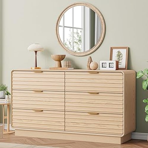 IRONCK Fluted 6 Drawer Dresser for Bedroom,54" Wide Modern Dresser Drawers with Storage, Wooden White Dressers with Metal Handle for Bedroom, Hallway