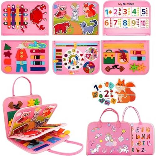 Montessori Busy Board, Baby Busy Book Educational Learning Toys for Toddlers Quiet Book Activity Books Buckle Toy Fine Motor Skills Toys for 3+ Year Old Kids (Pink)