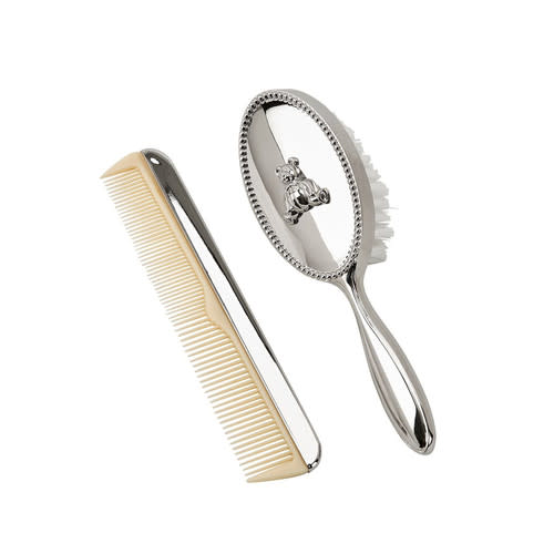 Teddy Bear Nickel Plated Baby Comb and Brush Gift Set
