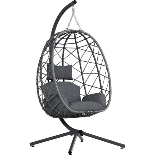 SWITTE Hanging Egg Chair with Stand, Outdoor Indoor Rattan Wicker Egg Swing Chair with Cushion, Heavy Duty Patio Hammock Chairs for Garden Backyard Balcony Bedroom, 400LBS Capacity, Dark Grey