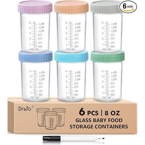 DRKIO 6 Pack Glass Baby Food Storage Containers - 8 Oz Baby Food Jars with Lids Baby Food Maker Microwave Dishwasher Freezer Safe 100% Leak Proof BPA Free Reusable