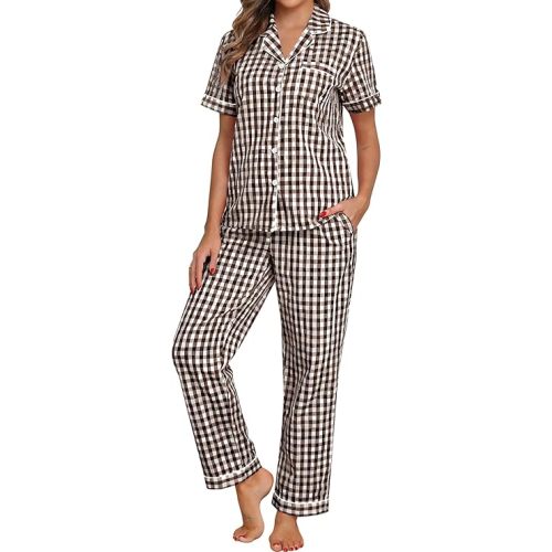 SWOMOG 100% Cotton Pajamas for Women Set 2PCS Button-Down Lounge Pjs Short Sleeve Tops and Long-Pants with Pocket