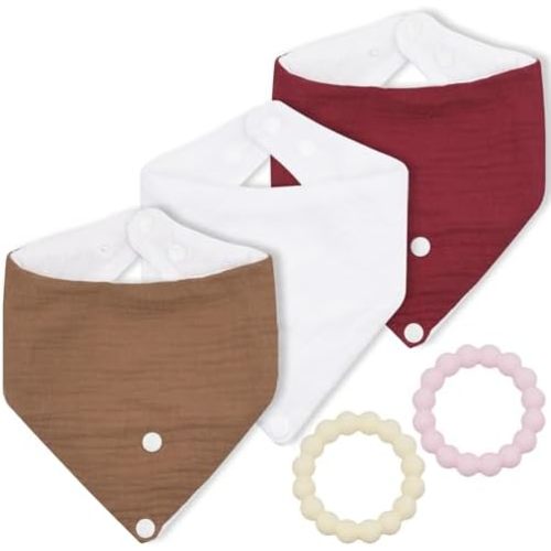 Baby 3-Piece Drool Towel and 2-Piece Teething Kit, 100% Cotton, Including Detachable Snap Fasteners, Soft and Skin Friendly