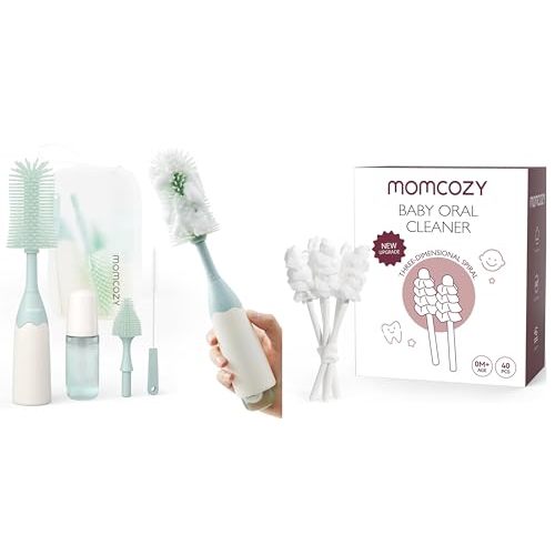 Momcozy Bottle Brush Kit, Innovative Push-Press Design for Better Cleaning & Momcozy Baby Tongue Cleaner Gauze