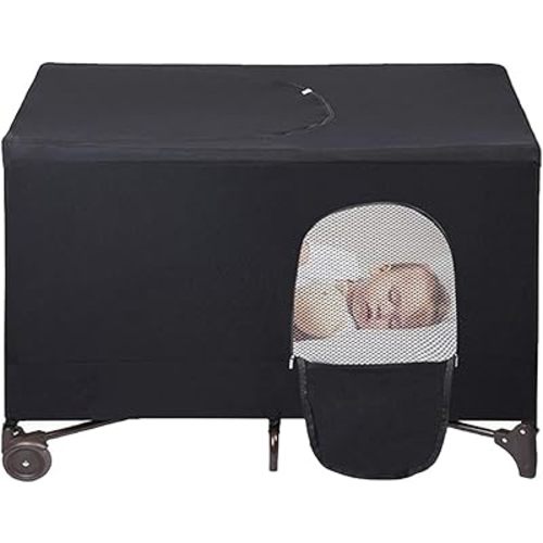 Crib Blackout Cover for Pack N Play, Stretchy Blackout Tent, Breathable Portable Travel Crib Shades, Baby Crib Canopy Cover for Indoor & Outdoor (Black)