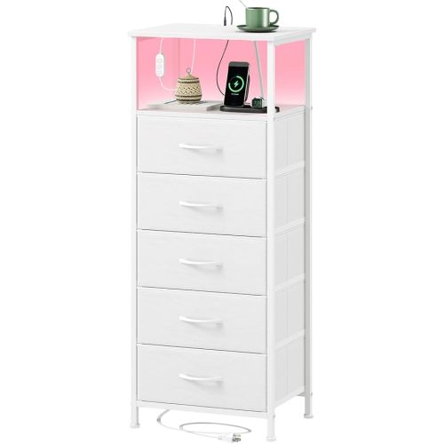 Somdot Tall Nightstand with 5 Drawers, Charging Station & LED Light