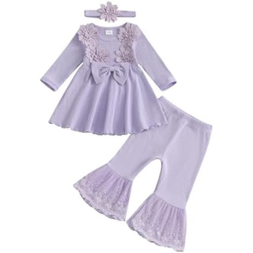 Toddler Baby Girls Fall Winter Outfit Lace Embroidery Clothes Toddler Kids Long Sleeve Tops Bell-bottom Pants Set