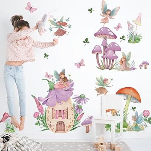 LHIUEM Girls Fairy Wall Decals Butterfly Wall Stickers 39pcs Flowers Wall Decal for Girls Room Removable Vinyl Decals Dacing Girl Mushroom Wallpaper Forest Fairy Girl Wall Sticker for Bedroom Nursery