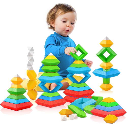 Toddler Stacking Building Blocks Educational Toys, Montessori Activities Learning Toys for 1 2 3+ Year Old, Sensory Toys Gifts for Toddler 1-3Y Boys & Girls, 30 Piece Set