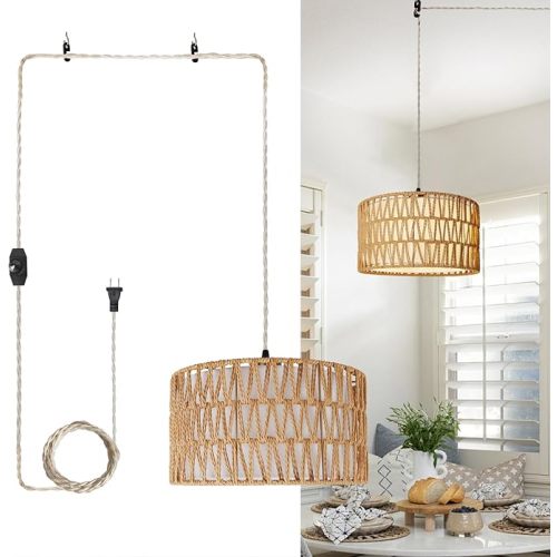 HuisMier Plug in Pendant Light Rattan Hanging Lamp 15 Ft Boho Hanging Lights with Rattan Woven & Fabric 2 in 1 Shade, Dimmable Plug in Pendant Light for Living Room Bedroom Dining Room
