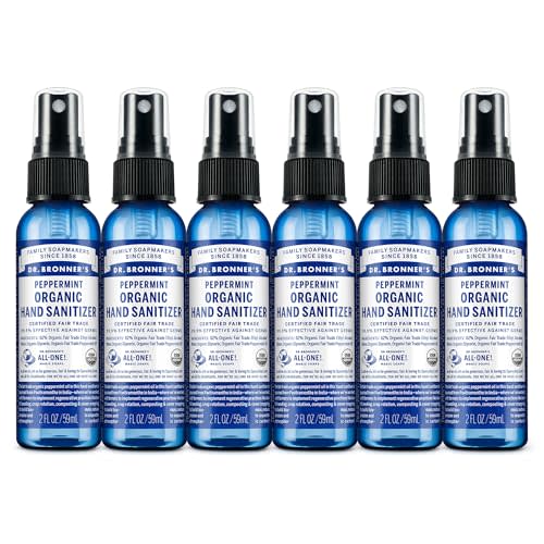 Dr. Bronner's Organic Hand Sanitizer Spray Variety Pack Travel Size Bulk, Simple & Effective Formula, Scented, No Harsh Chemicals - Peppermint, 2oz (6-Pack)