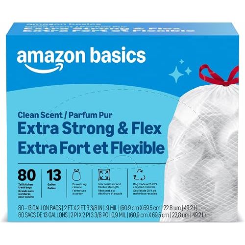 Amazon Basics Ultra-Force Tall Kitchen Drawstring Trash Bags, Classic Clean Scented, 13 Gallon, 80 Count, Pack of 1, Packaging May Vary