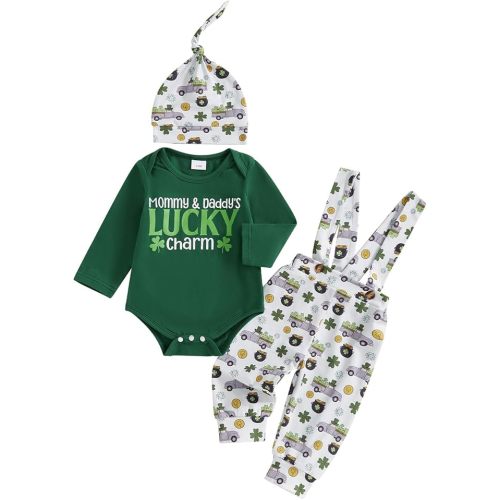 BeQeuewll Newborn Baby Boy Mardi Gras Outfit Letters Print Romper Striped Suspender Pants Overalls 3pcs Carnival Clothes Set