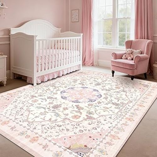 Area Rug - Vintage 8x10 Non-Slip Backing Area Rugs Light Pink Soft Faux Wool Carpet Foldable & Machine Washable Rugs for Living Room Bedroom Dining Room Nursery Home Office