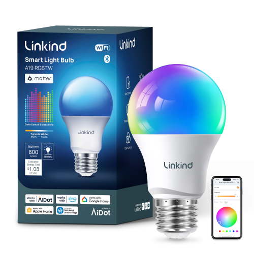 Linkind A19 Matter Smart Light Bulb, Color Changing Smart Bulb, 9W, 800lm, E26 Base (1 pack), 2025 Upgraded
