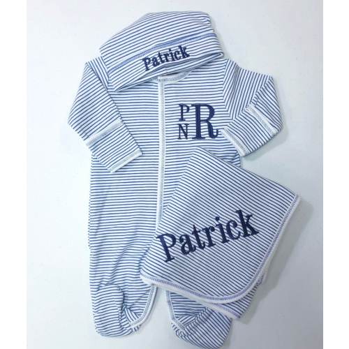 Baby boy, baby gift, Monogrammed footie, Monogrammed sleeper, navy mini stripes