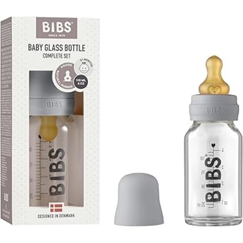 BIBS Baby Glass Bottle. Anti-Colic. Round Natural Rubber Latex Nipple. Supports Natural Breastfeeding, Complete Set - 110 ml, Cloud