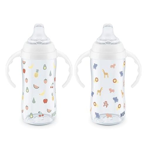 NUK Learner Cup, 8+ Months, Fun Fruits and Animals, Amazon Exclusive Collection, 10 Oz, Pack of 2, BPA-Free, Soft Spout, Spill Proof Sippy Cup