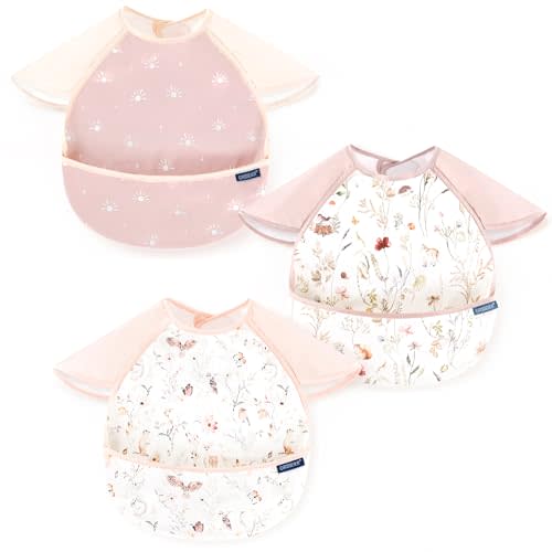 GRSSDER 3-pack Mess Proof Baby Feeding Bibs with Food Catcher Pocket, Soft Lightweight Waterproof Fabric Material with Zero Plastic-like Feel, Adjustable and Easy Clean Toddler Bibs for 6-36 Months