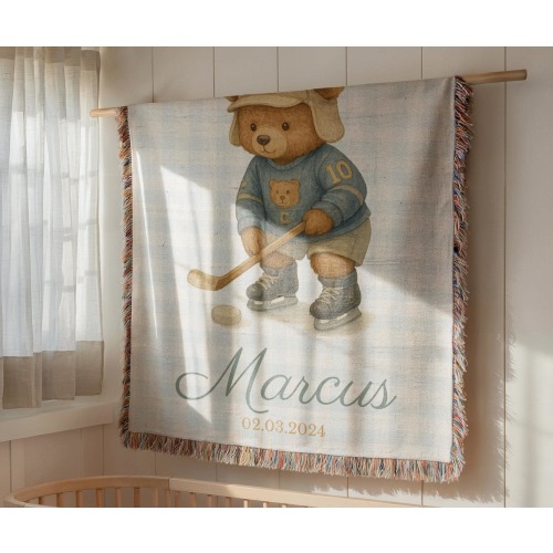 Personalized Hockey Teddy Bear Baby Blanket Baby Boy Name Blanket Vintage Nursery Decor Baby Shower Gift Hockey Theme Newborn Keepsake