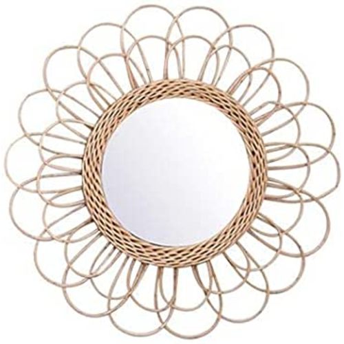 Hanging Mirror - Rattan Sunflower Circular Wall Mirror, Decor Bathroom Boho Nordic Wicker Dressing Makeup Mirrors for Inodoor Home Office Living Room Hallway (15.75inch)