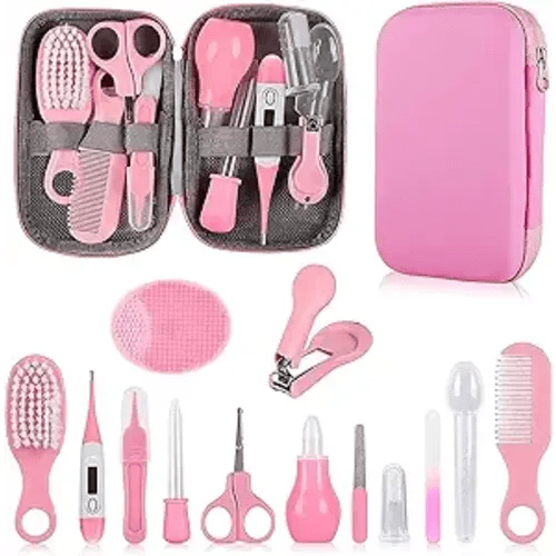 Baby Grooming Kit, Infant Safety Care Set with Hair Brush Comb Nail Clipper Nasal Aspirator,Baby Essentials Kit for Newborn Girls Boys (Pink Baby Grooming kit)