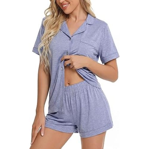 Bamboo Rayon Pajama Sets for Women, 2 Piece Short Sleeve Button Down Pjs, Soft Summer Cooling Sleepwear