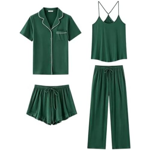 SAPJON Womens Soft Pajama Sets 4 Pcs Button Down Short Sleeve Top and Pants Cami and Ruffle Shorts Pjs Lounge Sets Sleepwear
